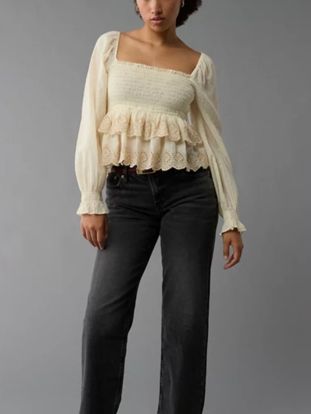 American Eagle Cream Smocked Ruffle Top